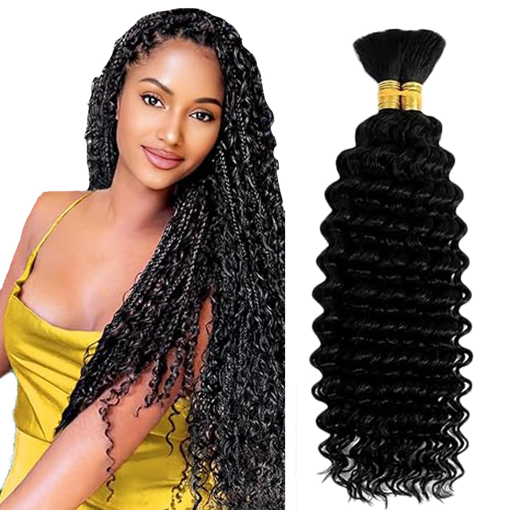 Deep Wave Human Hair for Braiding Human Hair Unprocessed No Weft Bulk Braiding Hair Extensions for Boho Braids #1B Natural Black Color 14 14 Inch 2 Bundles Total 100 g One Pack 