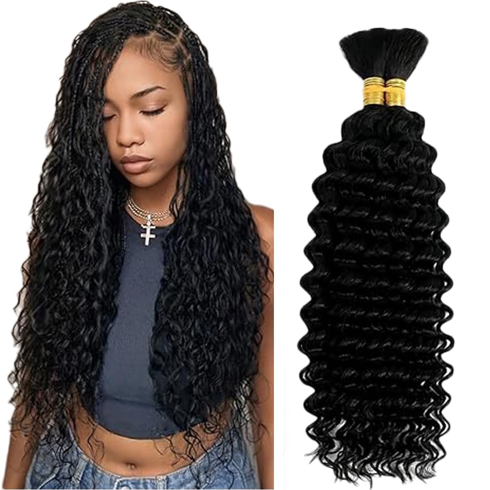 Deep Wave Human Hair for Braiding Human Hair Unprocessed No Weft Bulk Braiding Hair Extensions for Boho Braids #1B Natural Black Color 14 14 Inch 2 Bundles Total 100 g One Pack 