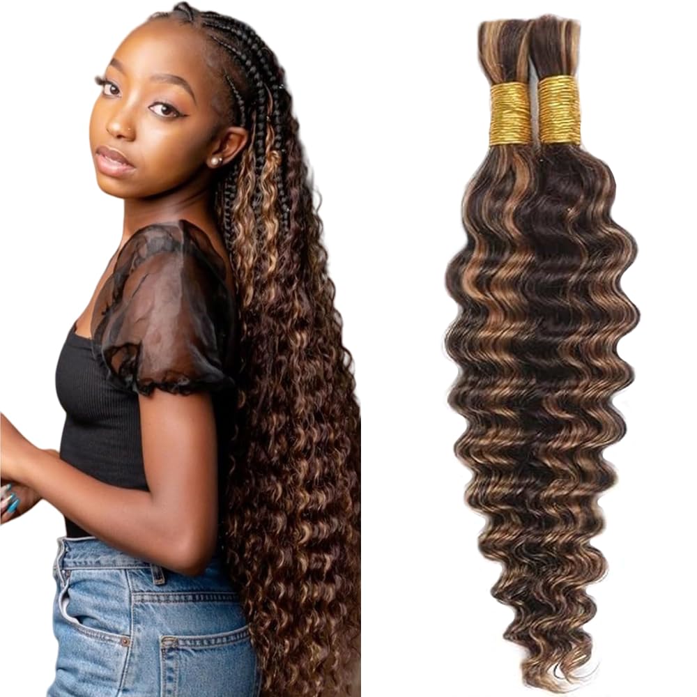 Deep Wave Human Hair for Braiding Human Hair Unprocessed No Weft Bulk Braiding Hair Extensions for Boho Braids #1B Natural Black Color 14 14 Inch 2 Bundles Total 100 g One Pack 