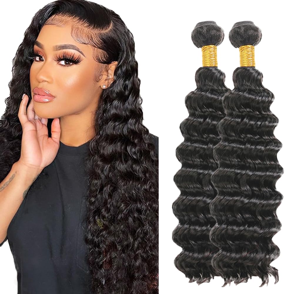 Deep Wave Human Hair for Braiding Human Hair Unprocessed No Weft Bulk Braiding Hair Extensions for Boho Braids #1B Natural Black Color 14 14 Inch 2 Bundles Total 100 g One Pack 