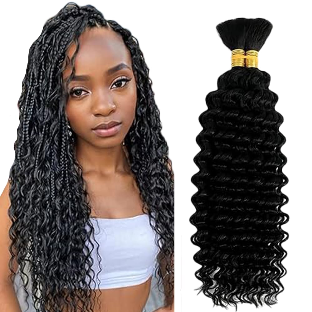 Deep Wave Human Hair for Braiding Human Hair Unprocessed No Weft Bulk Braiding Hair Extensions for Boho Braids #1B Natural Black Color 14 14 Inch 2 Bundles Total 100 g One Pack 