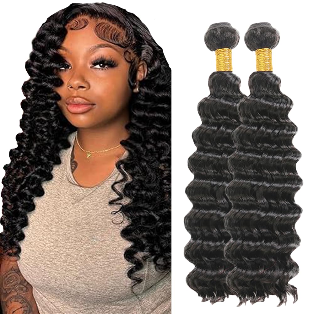 Deep Wave Human Hair for Braiding Human Hair Unprocessed No Weft Bulk Braiding Hair Extensions for Boho Braids #1B Natural Black Color 14 14 Inch 2 Bundles Total 100 g One Pack 
