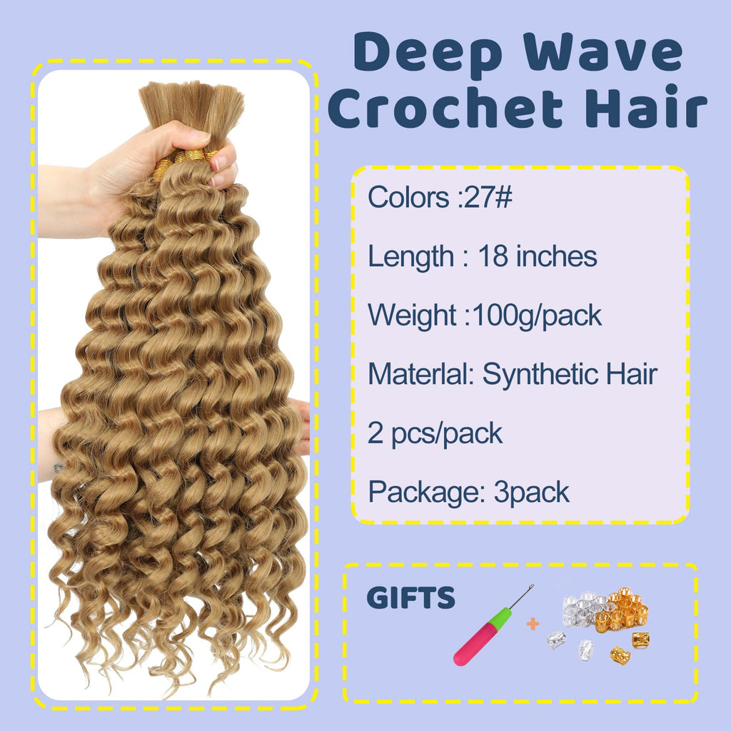 Deep Wave Bulk Hair 18 Inch Synthetic Braiding Hair Curly Crochet Hair Boho Braids Natural Color for Hair Extensions (1B, 18 Inches (6 Bundles)) 