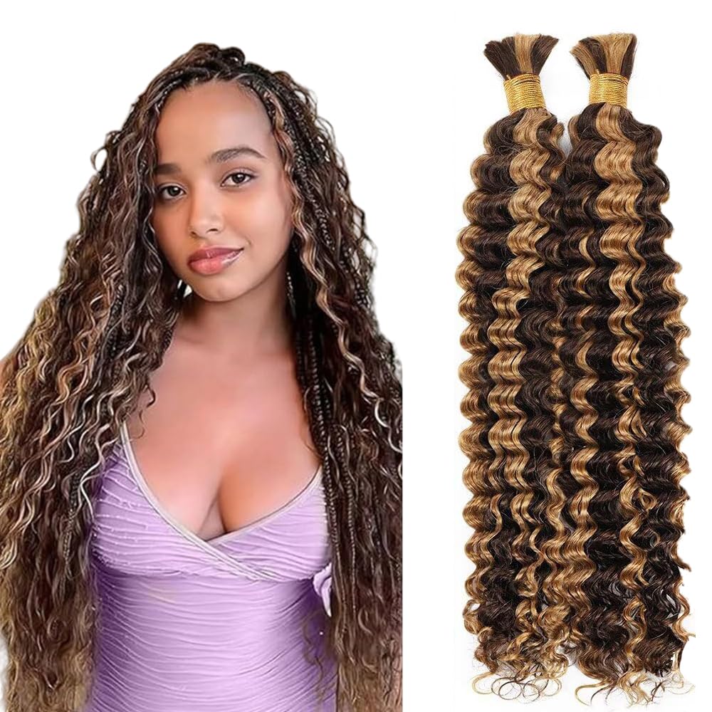 Deep Wave Human Hair for Braiding Human Hair Unprocessed No Weft Bulk Braiding Hair Extensions for Boho Braids #1B Natural Black Color 14 14 Inch 2 Bundles Total 100 g One Pack 