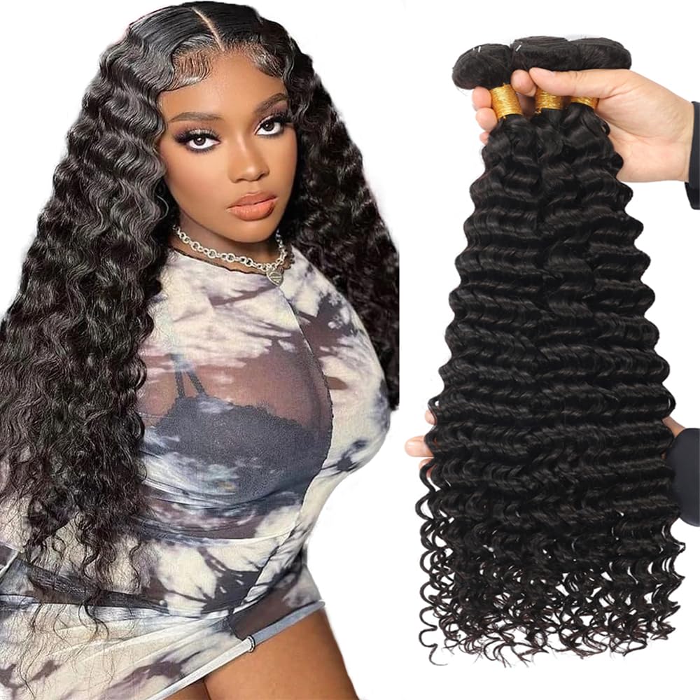Deep Wave Human Hair for Braiding Human Hair Unprocessed No Weft Bulk Braiding Hair Extensions for Boho Braids #1B Natural Black Color 14 14 Inch 2 Bundles Total 100 g One Pack 