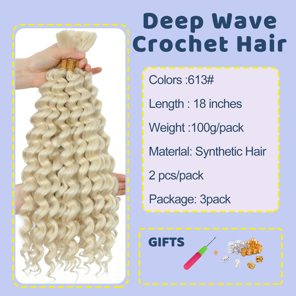 Deep Wave Bulk Hair 18 Inch Synthetic Braiding Hair Curly Crochet Hair Boho Braids Natural Color for Hair Extensions (1B, 18 Inches (6 Bundles)) 