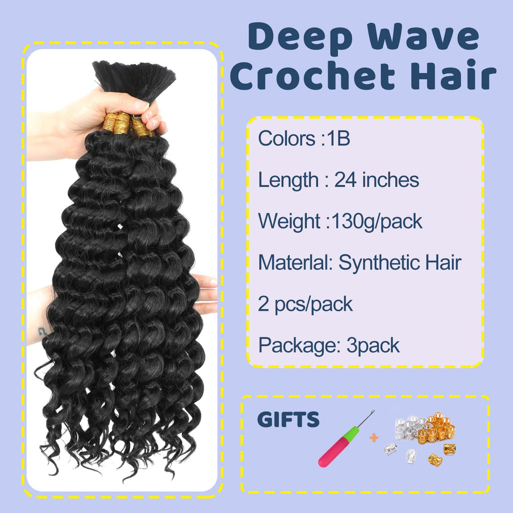 Deep Wave Bulk Hair 18 Inch Synthetic Braiding Hair Curly Crochet Hair Boho Braids Natural Color for Hair Extensions (1B, 18 Inches (6 Bundles)) 