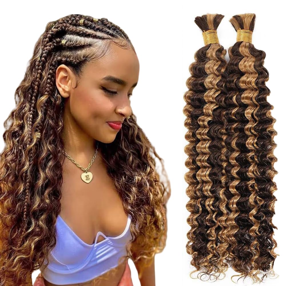 Deep Wave Human Hair for Braiding Human Hair Unprocessed No Weft Bulk Braiding Hair Extensions for Boho Braids #1B Natural Black Color 14 14 Inch 2 Bundles Total 100 g One Pack 