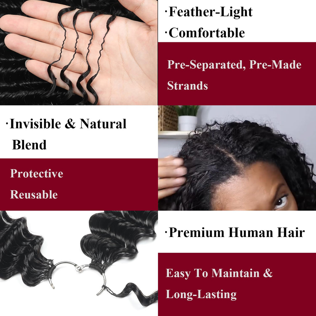Human Crochet Hair for Black Women Deep wave Crochet Human Hair Bundles 18 Inch 50g Pre-Separated Feather Crochet Human Hair Deep Wavy Invisible Crochet Hair Extensions 40 Strands Natural Black 
