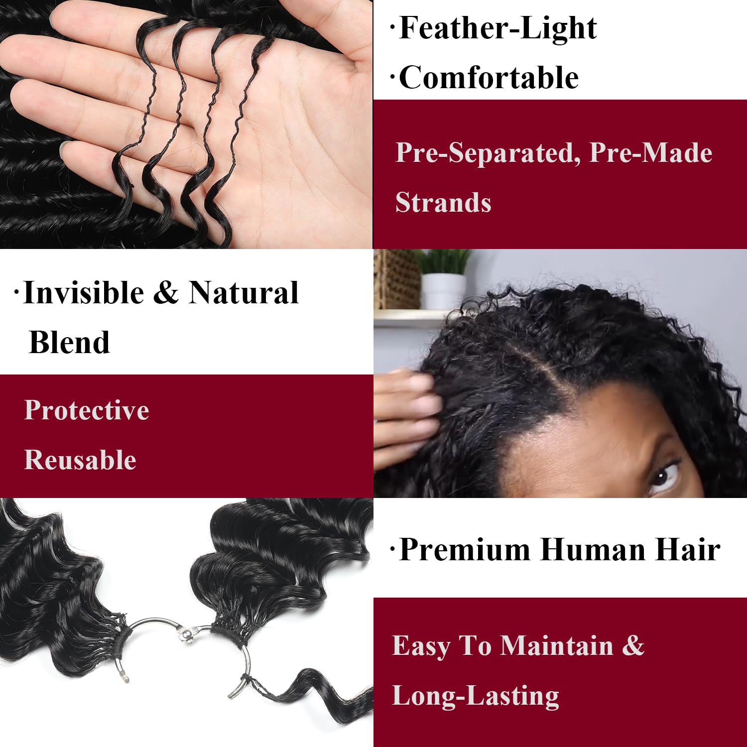 Human Crochet Hair for Black Women Deep wave Crochet Human Hair Bundles 18 Inch 50g Pre-Separated Feather Crochet Human Hair Deep Wavy Invisible Crochet Hair Extensions 40 Strands Natural Black 