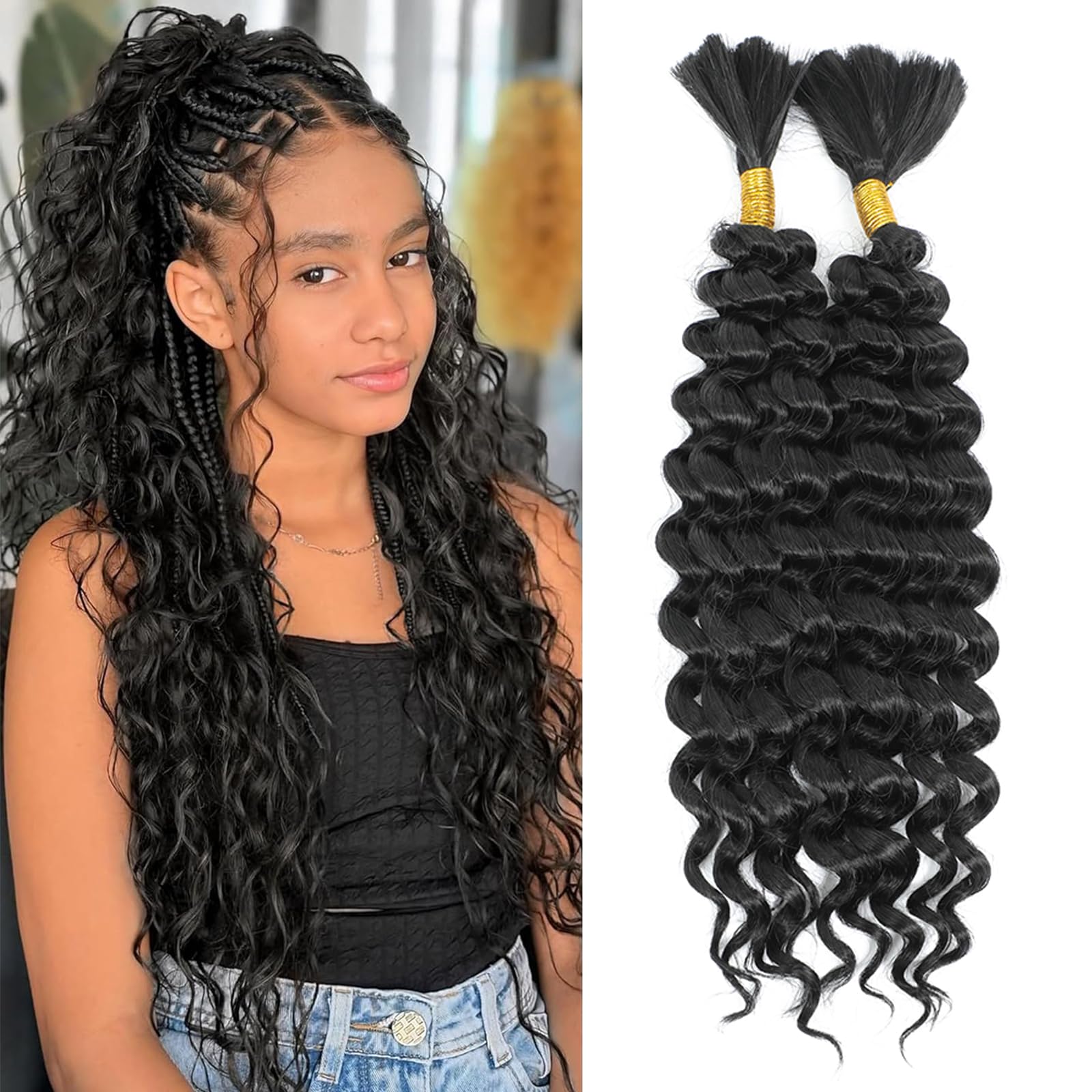 Deep Wave Bulk Hair 18 Inch Synthetic Braiding Hair Curly Crochet Hair Boho Braids Natural Color for Hair Extensions (1B, 18 Inches (6 Bundles)) 