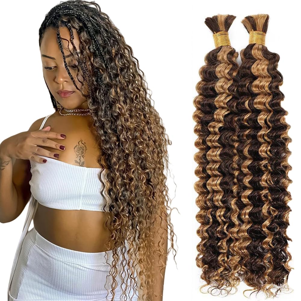 Deep Wave Human Hair for Braiding Human Hair Unprocessed No Weft Bulk Braiding Hair Extensions for Boho Braids #1B Natural Black Color 14 14 Inch 2 Bundles Total 100 g One Pack 