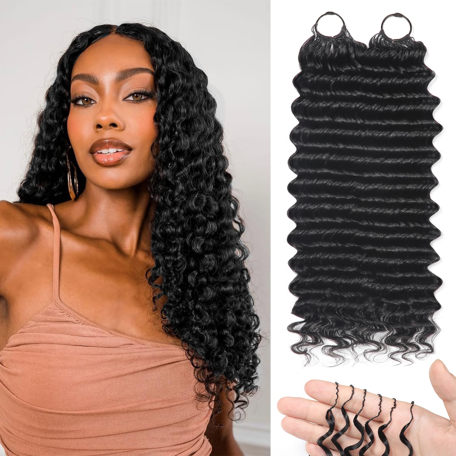 Human Crochet Hair for Black Women Deep wave Crochet Human Hair Bundles 18 Inch 50g Pre-Separated Feather Crochet Human Hair Deep Wavy Invisible Crochet Hair Extensions 40 Strands Natural Black