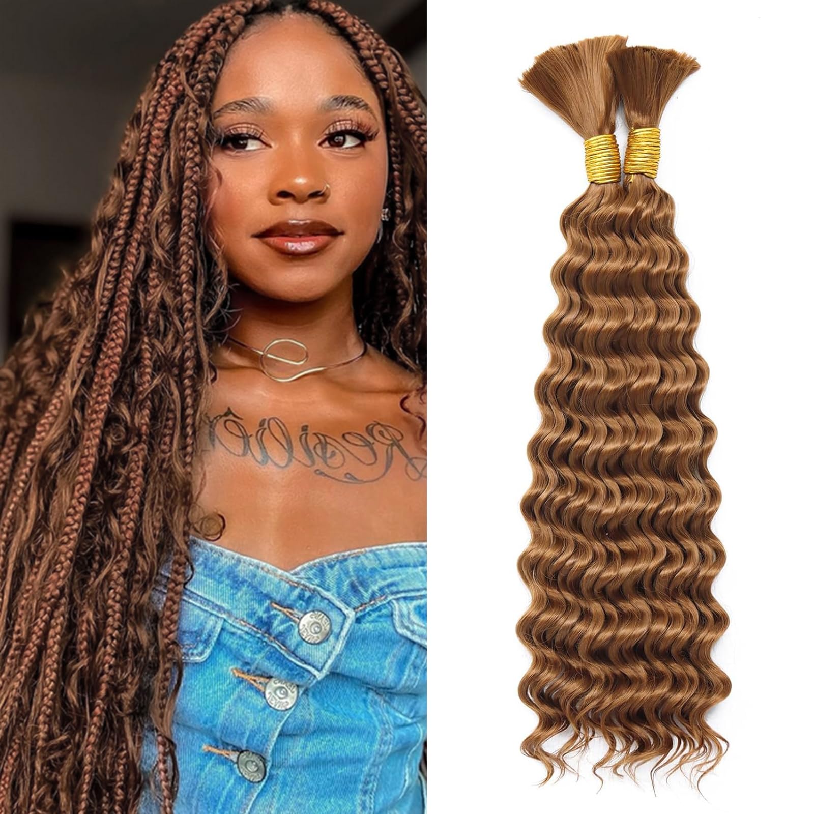 Deep Wave Bulk Hair 18 Inch Synthetic Braiding Hair Curly Crochet Hair Boho Braids Natural Color for Hair Extensions (1B, 18 Inches (6 Bundles)) 