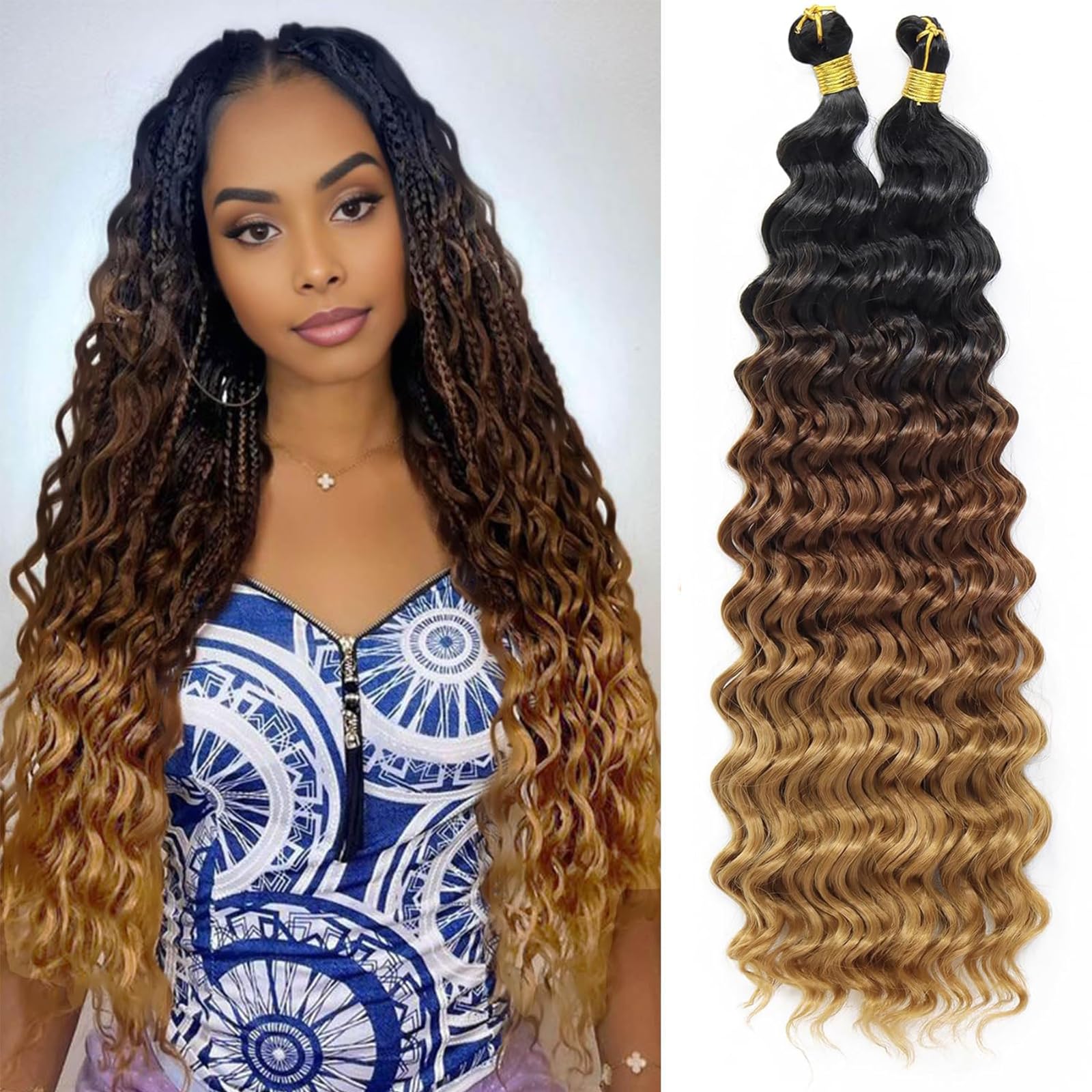Deep Wave Bulk Hair 18 Inch Synthetic Braiding Hair Curly Crochet Hair Boho Braids Natural Color for Hair Extensions (1B, 18 Inches (6 Bundles)) 