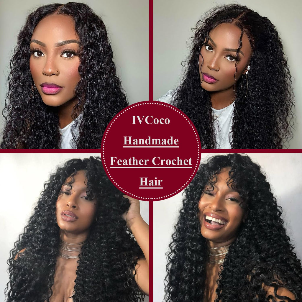 Human Crochet Hair for Black Women Deep wave Crochet Human Hair Bundles 18 Inch 50g Pre-Separated Feather Crochet Human Hair Deep Wavy Invisible Crochet Hair Extensions 40 Strands Natural Black 