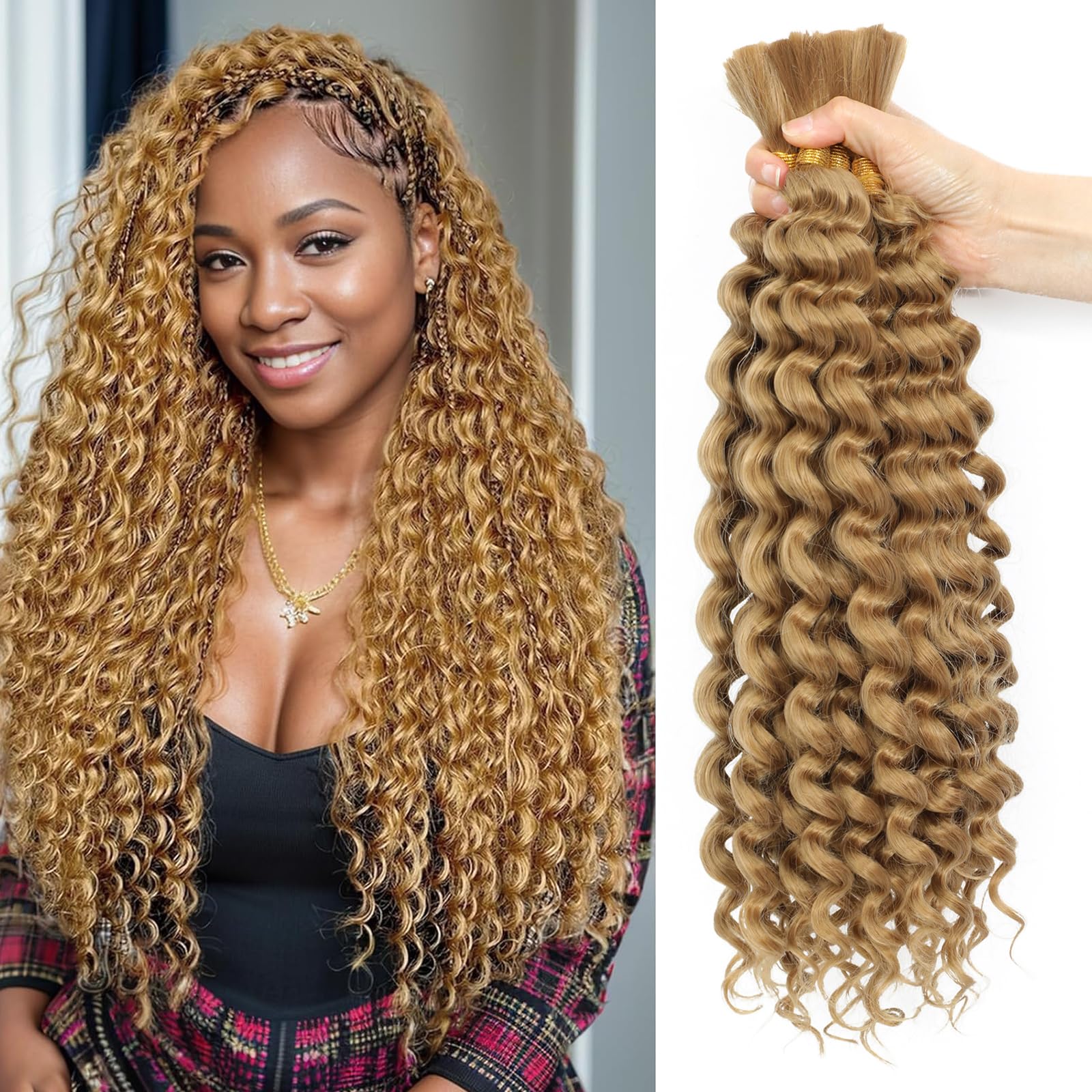 Deep Wave Bulk Hair 18 Inch Synthetic Braiding Hair Curly Crochet Hair Boho Braids Natural Color for Hair Extensions (1B, 18 Inches (6 Bundles)) 